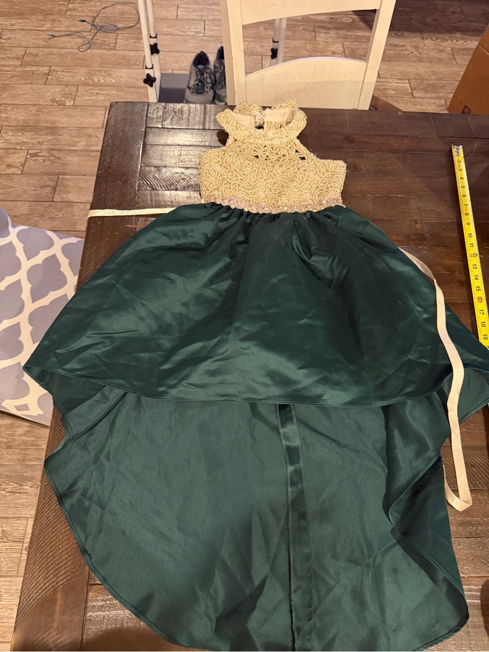 Rare Editions Emerald Green High-Low Dress with Gold Lace Bodice
